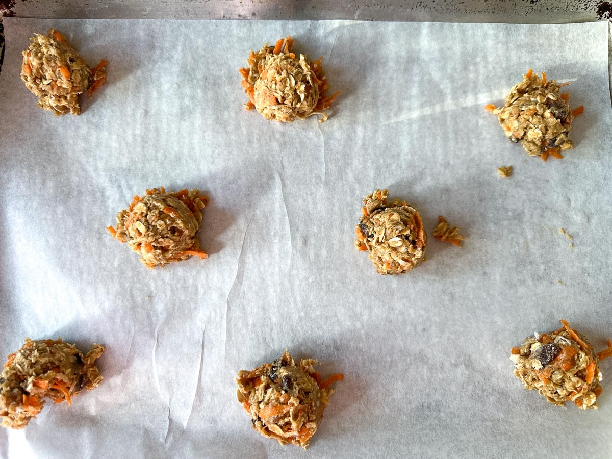 carrot cake oatmeal cookies on pan.