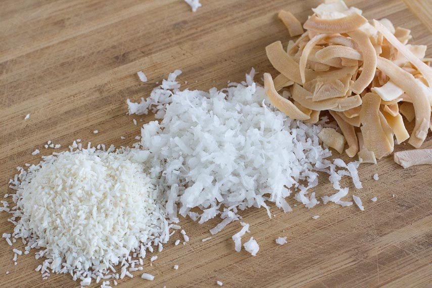 coconut comparison, left to right: unsweetened desiccated; sweetened angel flake/long shred; large flakes