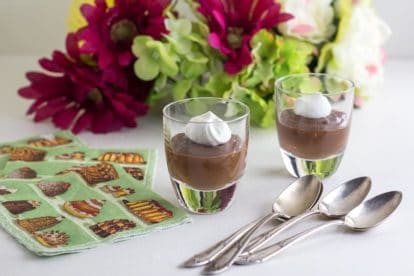 Low FODMAP Irish Whiskey Chocolate Mousse in small glass cups, spoons alongside