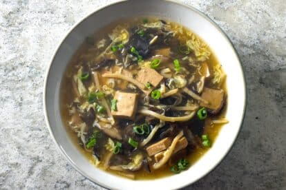 Overhead image of Low FODMAP Vegetarian Hot and Sour Soup in white bowl with scallions